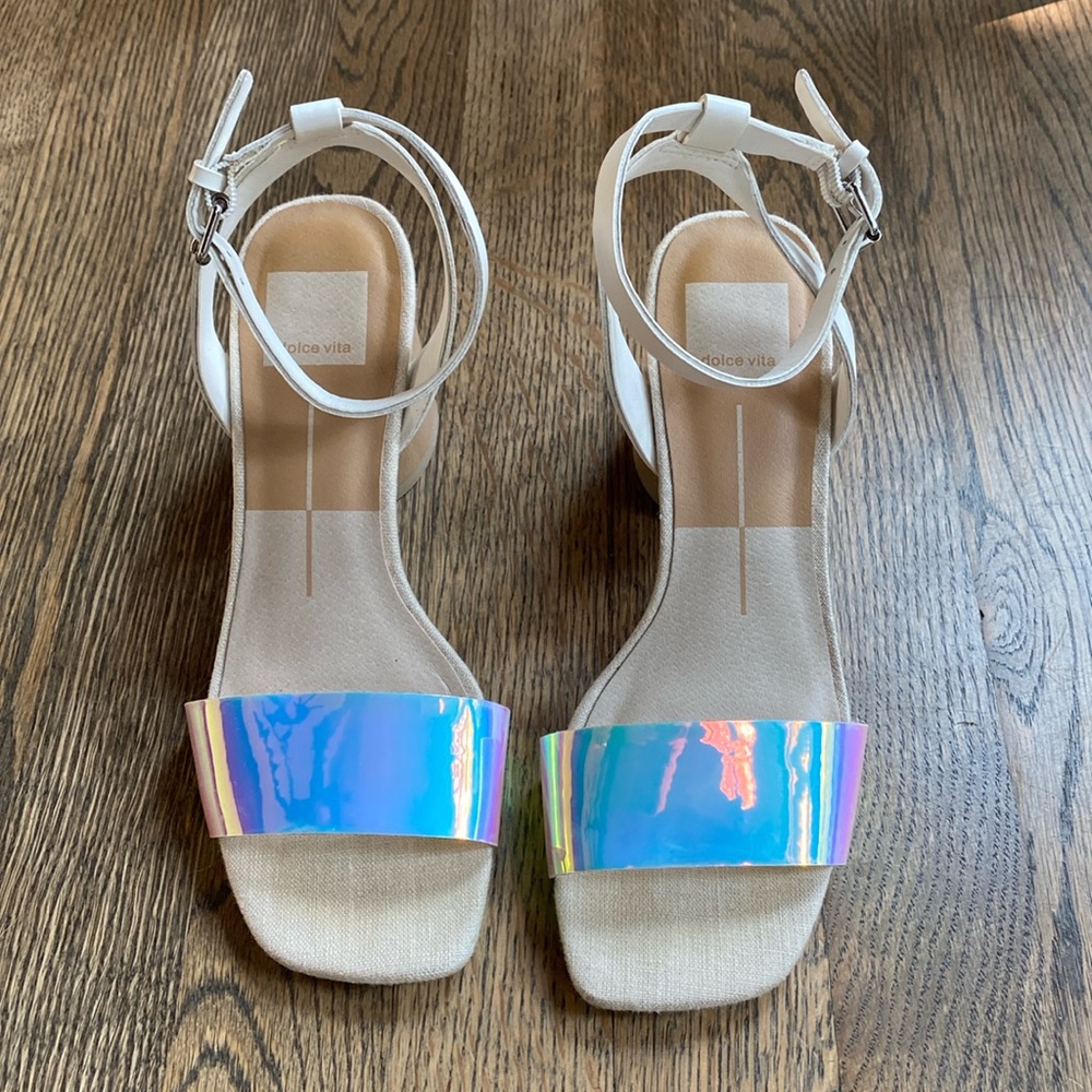 Dolce Vita size 6 sandals with chunky heel. White and iridescent. Preowned